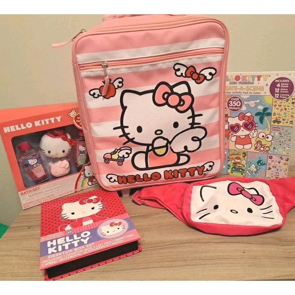hello kitty bundle- 5 pieces- Backpack, Fannypack, Sticker book, Desk Set, Bath